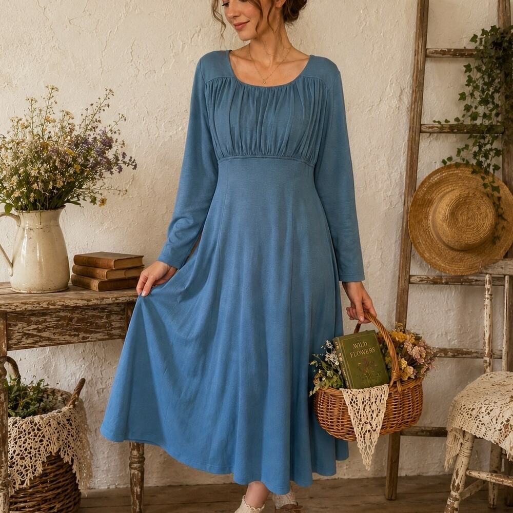 NorthStyle Vintage 90s Teal Gathered Bodice Empire Waist Maxi Dress Size Medium